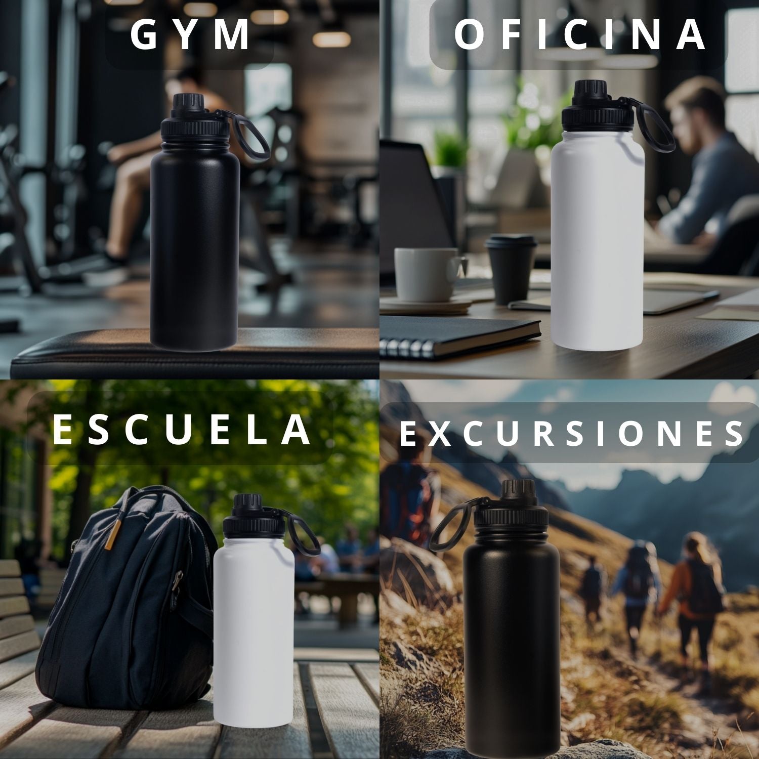 Botella de Agua de Acero Inoxidable 1 Litro | Termo Blanco o Negro | Doble Pared