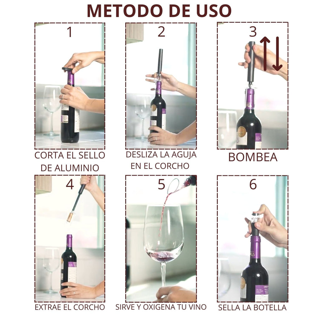 Descorchador | Sacacorchos de Aire Manual con Aireador, Tapón al Vacío y Cortador