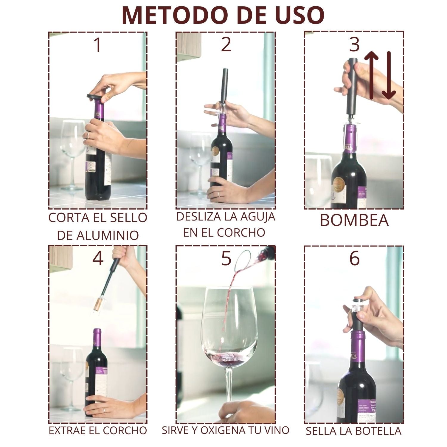 Descorchador | Sacacorchos de Aire Manual con Aireador, Tapón al Vacío y Cortador